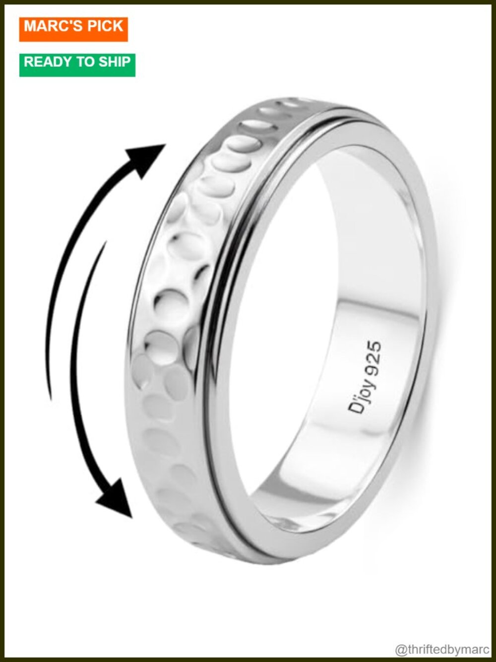 925 Sterling Silver Spinner Ring Platinum Plated Anxiety Fidget